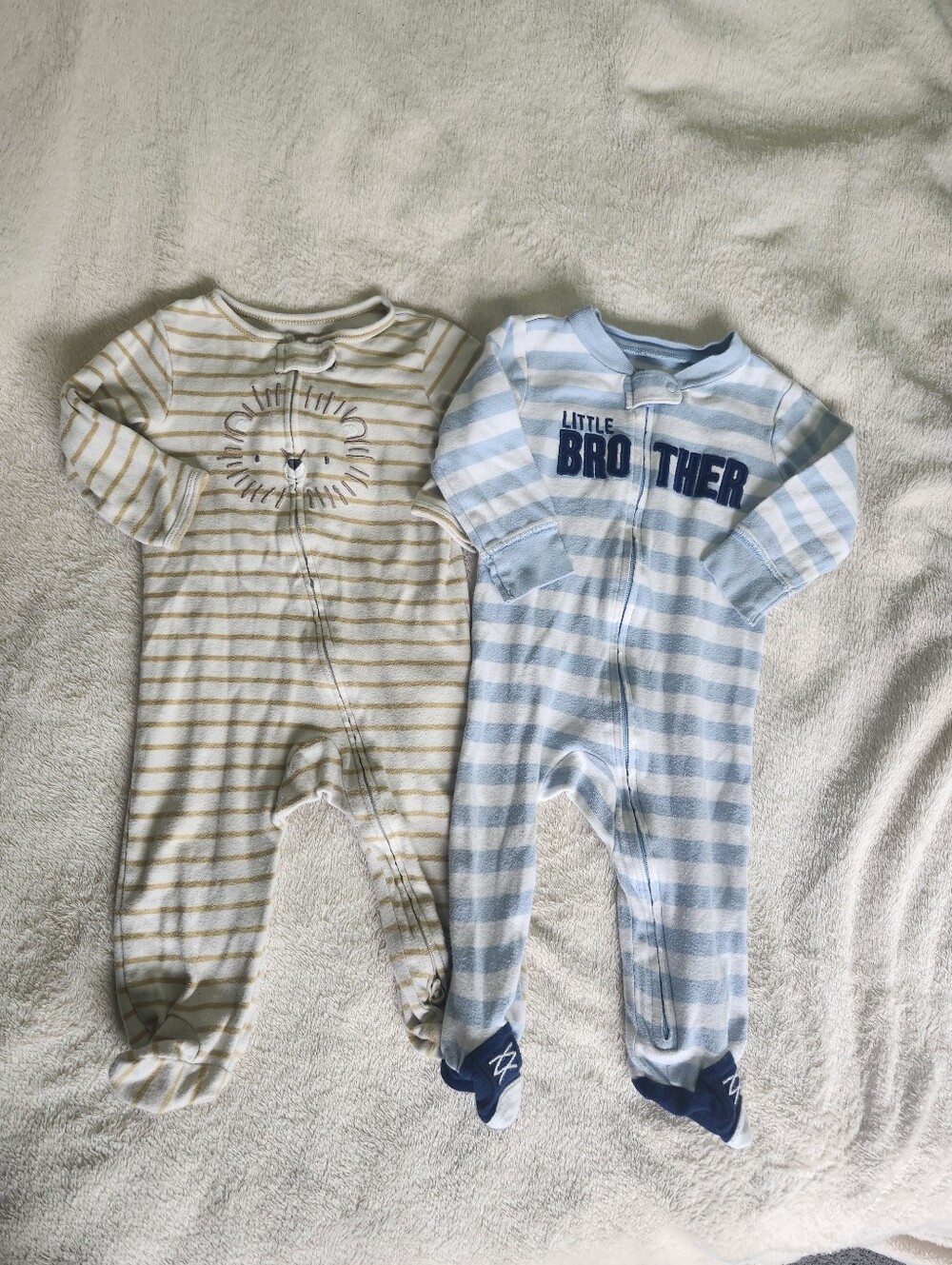 Striped Baby One-Piece Footed Pajamas - Blue Little Brother & Cream Lion